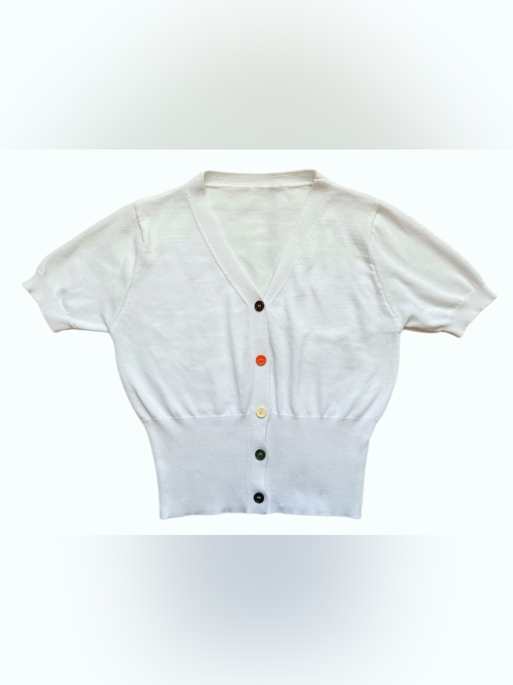 Women’s White V-Neck Cropped Cardigan Slim Fit Short Sleeve Colorful Button Top